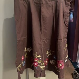 J. Jill Brown Midi Skirt with Colorful Floral Embroidery